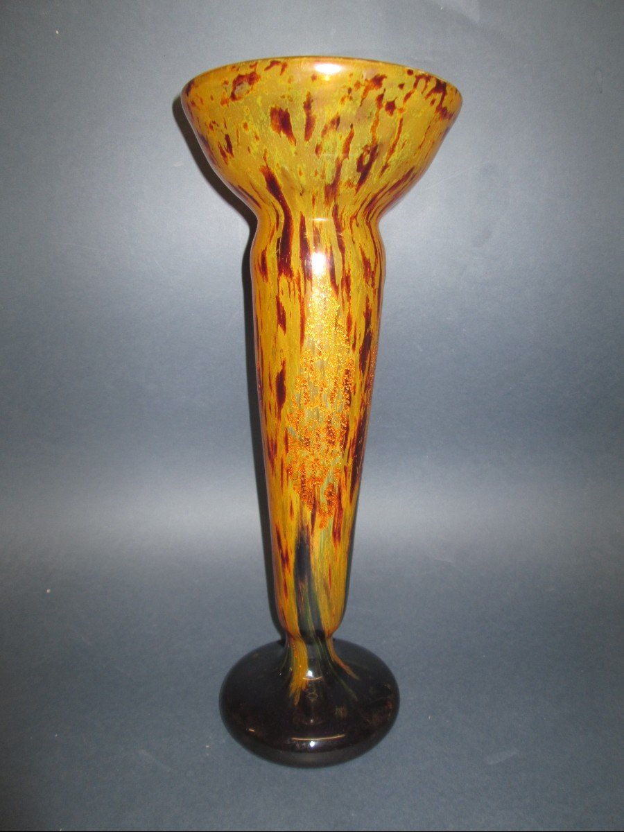 Daum Nancy, Marmorean Glass Paste Vase, Gold Glitter, Art Deco-photo-4