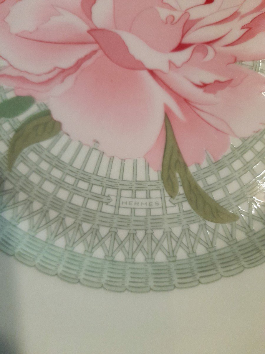 Hermès, Les Pivoines, Limoges, Porcelain, 12 Flat Plates-photo-3