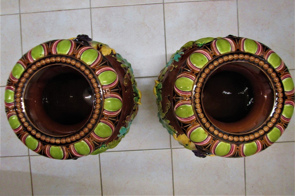 Pair Of Large Majolica Vases With Grapes, England, Sarreguemines, Northern France-photo-3