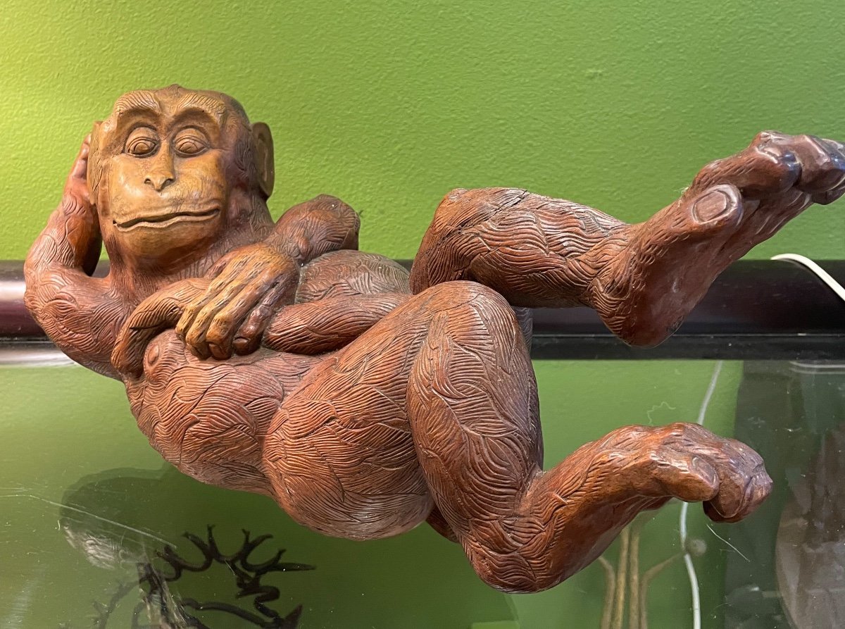  Monkey Wooden Sculpture Of Asian Origin -photo-2