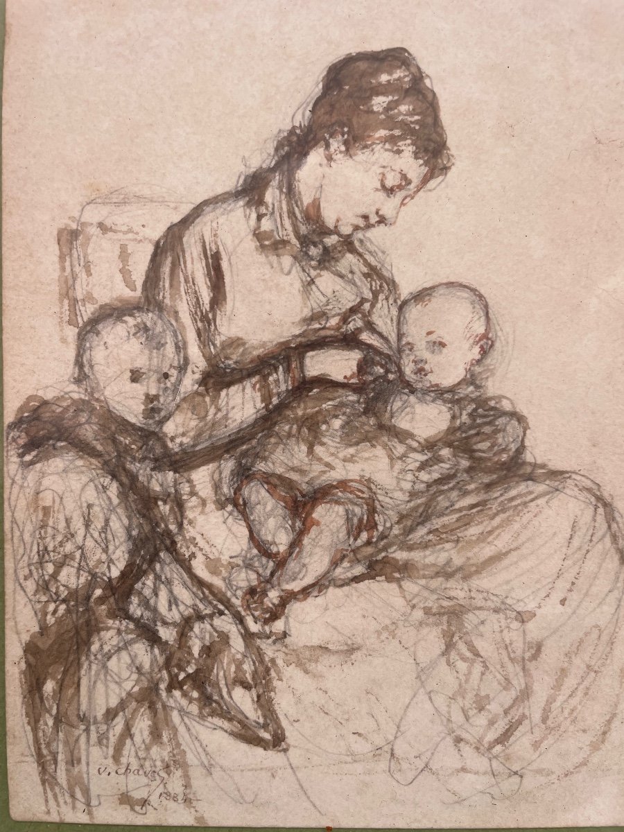 Victor Chavet Ink Drawing 19th Century Breastfeeding Woman And Two Children 1884-photo-2