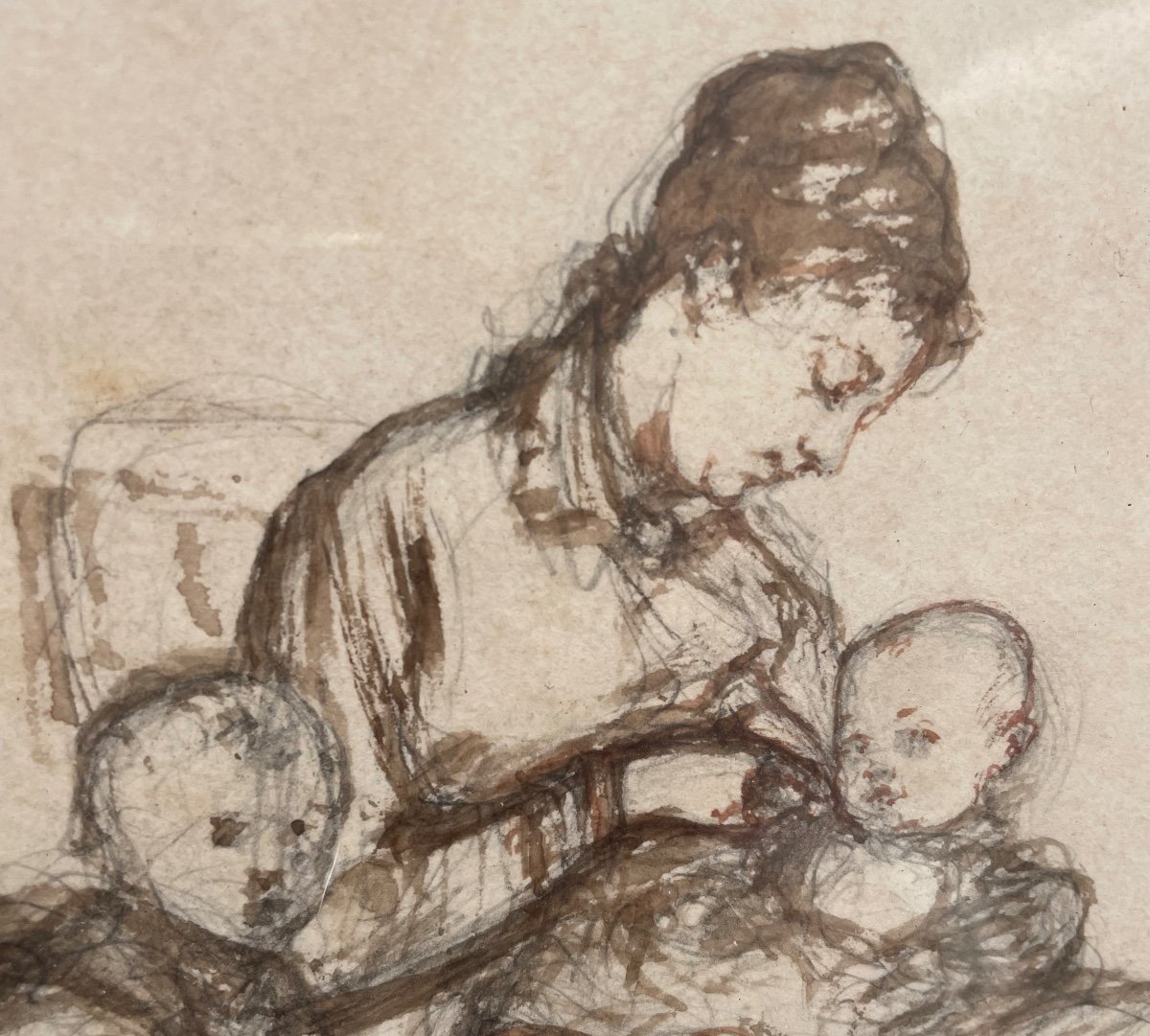 Victor Chavet Ink Drawing 19th Century Breastfeeding Woman And Two Children 1884-photo-3