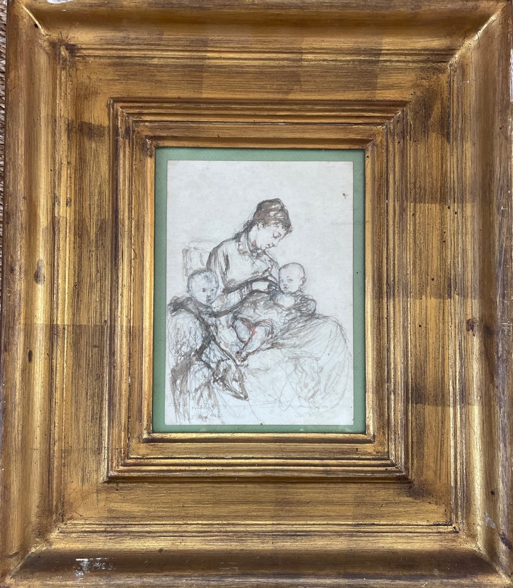 Victor Chavet Dessin Encre XIXeme Femme Allaitant Et Deux Enfants 1884