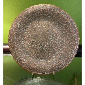 Circular Copper Dish Inlaid With Silver Origin Iran