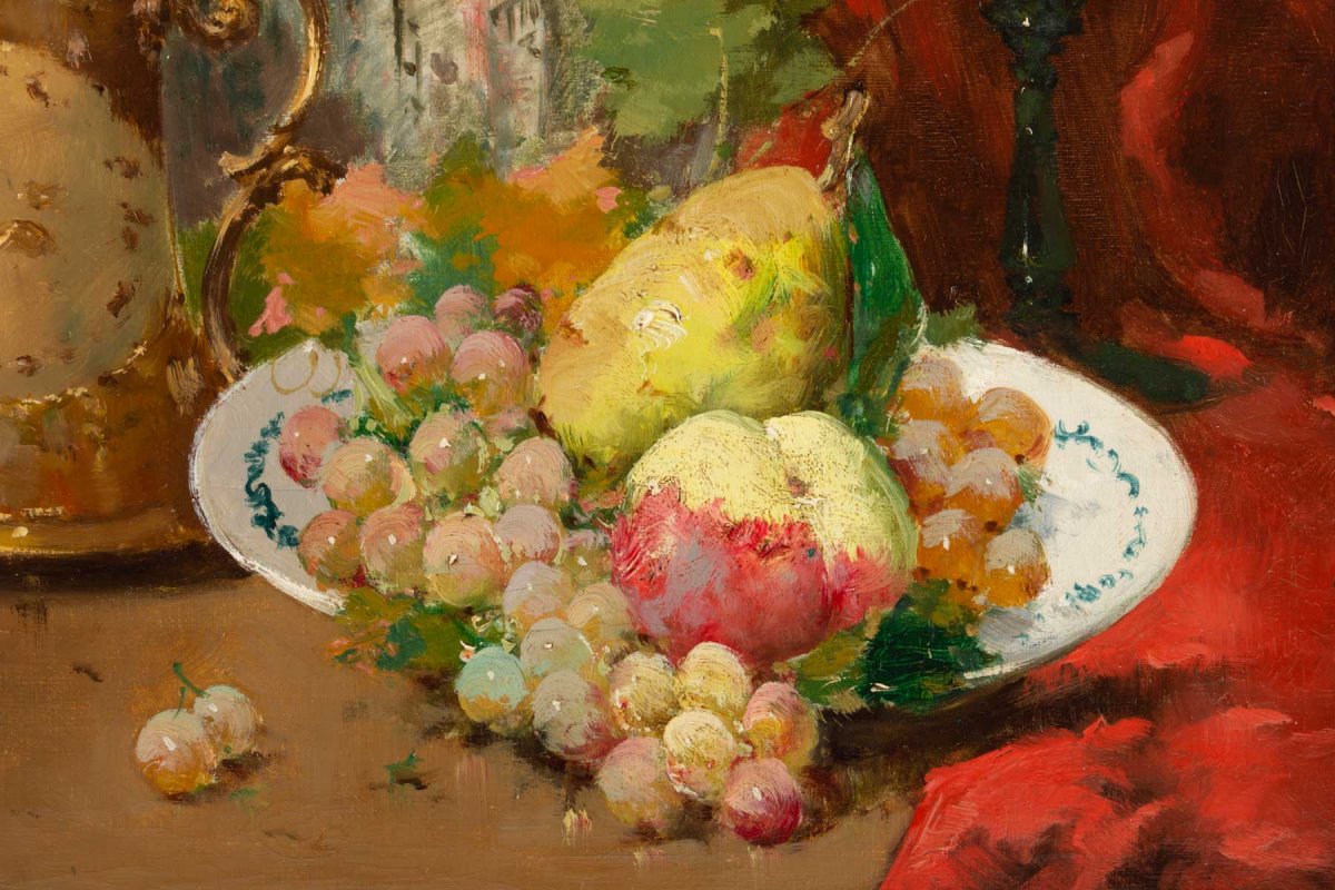 Emile Godchaux (1860 - 1938) : Plate With Fruits With A Chinese Vase.-photo-2