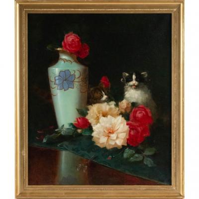 Maurice Isabelle Sprenger-sébilleau (1849 - 1907): Flowers With Cats.