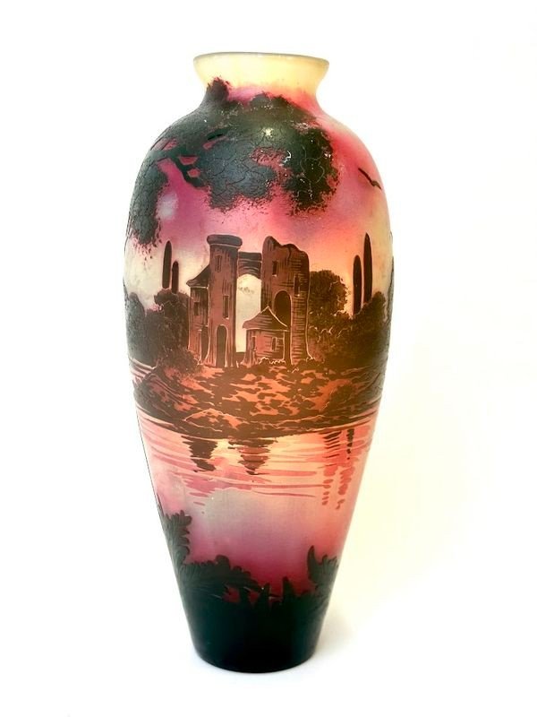 Devez Art Nouveau Vase “lake Landscape And Castle”-photo-2