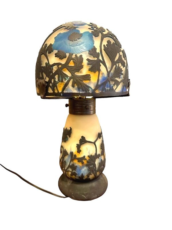 Muller Frères Lunéville Mushroom Lamp "with Blue Anemones"-photo-2