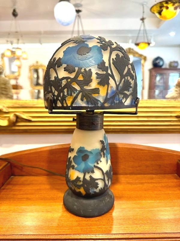 Muller Frères Lunéville Mushroom Lamp "with Blue Anemones"-photo-2