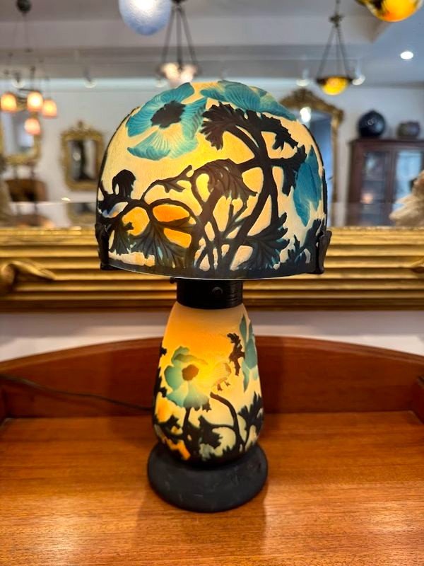 Muller Frères Lunéville Mushroom Lamp "with Blue Anemones"-photo-3