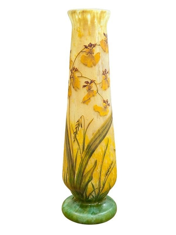 Daum Nancy Large Art Nouveau Vase "orchids And Ears Of Wheat"