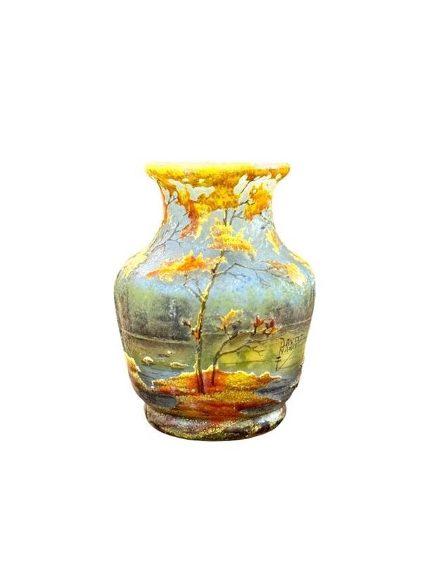 Daum Nancy Art Nouveau Miniature Vase "treed Lake Landscape"-photo-2