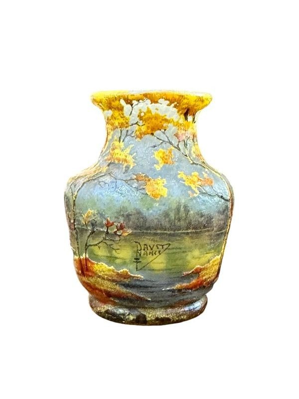 Daum Nancy Art Nouveau Miniature Vase "treed Lake Landscape"-photo-4