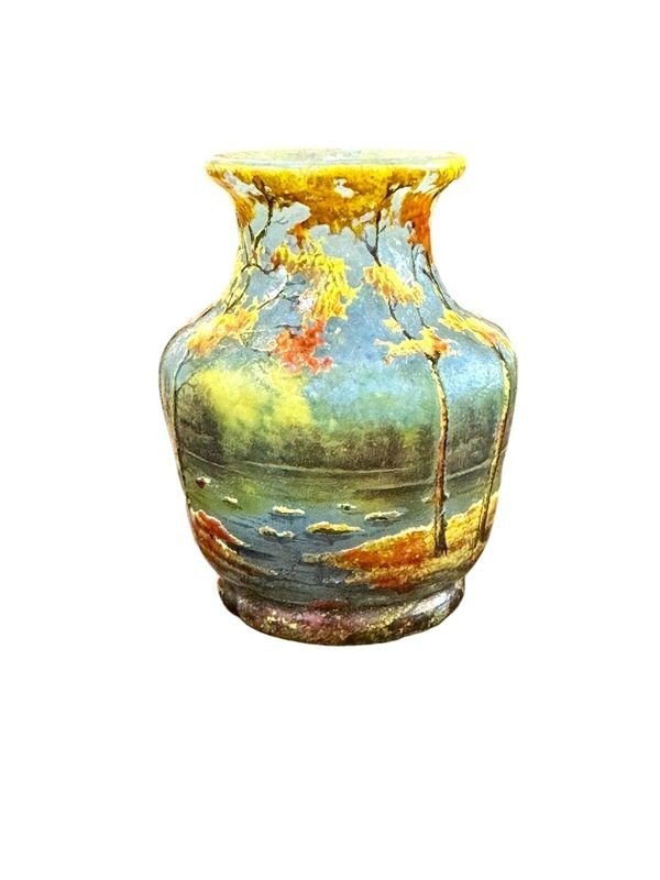 Daum Nancy Art Nouveau Miniature Vase "treed Lake Landscape"-photo-2