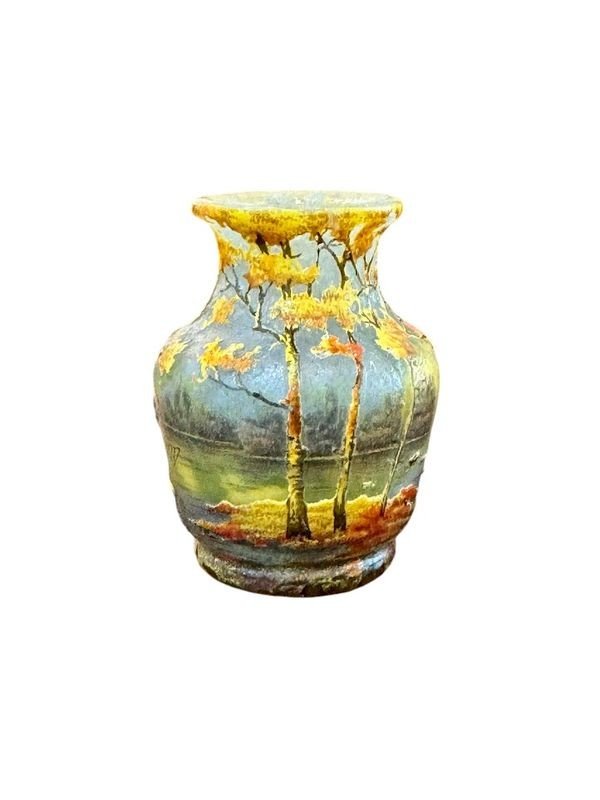 Daum Nancy Art Nouveau Miniature Vase "treed Lake Landscape"