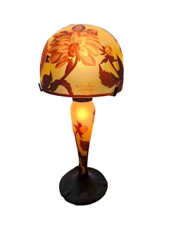 Muller Frères Lunéville Lampe Champignon Art Nouveau "Dahlias"