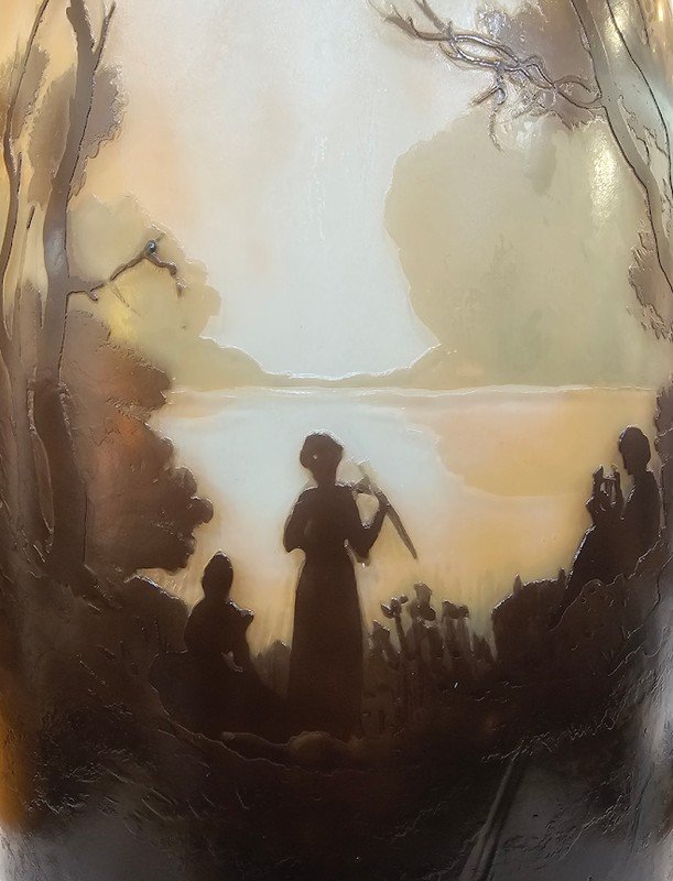 Muller Frères Large Art Nouveau Vase "lake Landscape Animated By Musicians" -photo-2