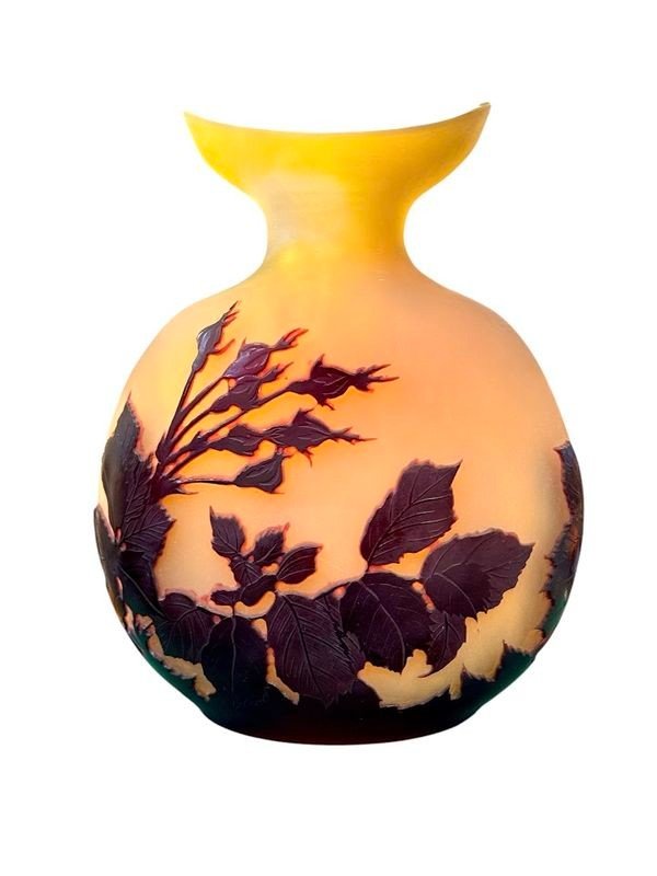 Emile Gallé Art Nouveau Gourd Vase "hollyhocks"-photo-2