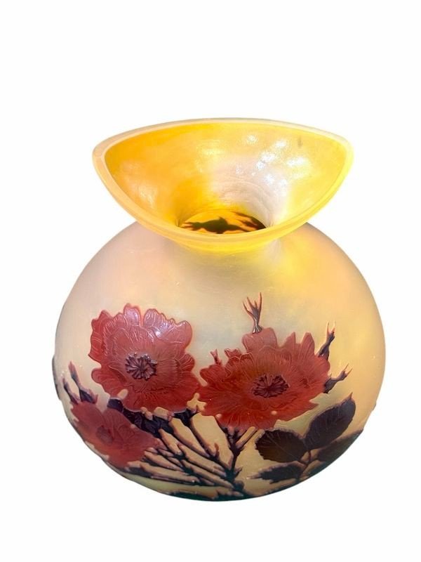 Emile Gallé Art Nouveau Gourd Vase "hollyhocks"-photo-3