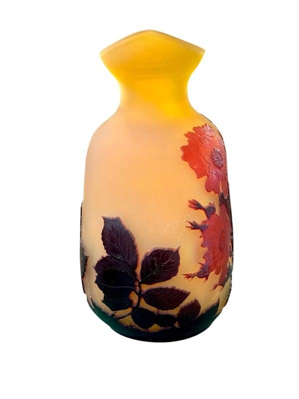 Emile Gallé Art Nouveau Gourd Vase "hollyhocks"-photo-2