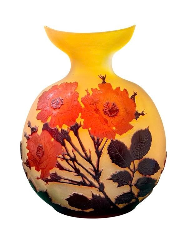 Emile Gallé Art Nouveau Gourd Vase "hollyhocks"