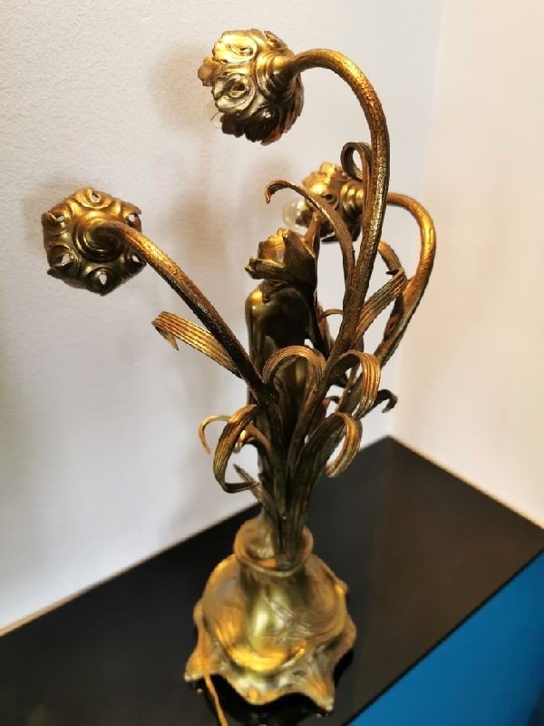 Lampe Art Nouveau En Bronze Doré-photo-3
