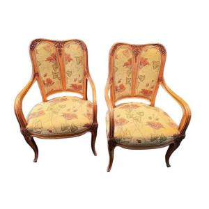 Pair Of Art Nouveau Armchairs School Of Nancy "glycine"