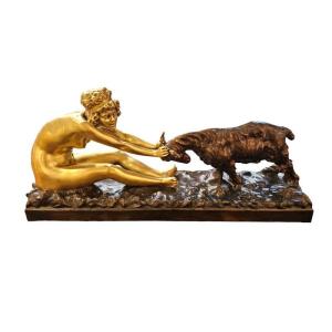 Affortunato Gory Grand Bronze Art Déco "Jeune Fille Et Bouc"