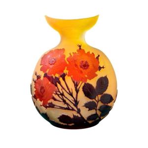 Emile Gallé Vase Gourde Art Nouveau "Roses Trémières"