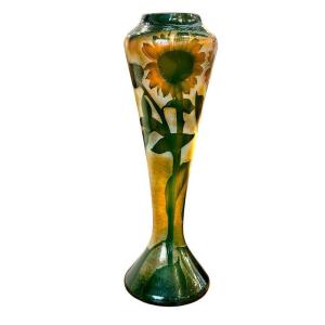 Daum Hammered Art Nouveau Vase "with Sunflowers"