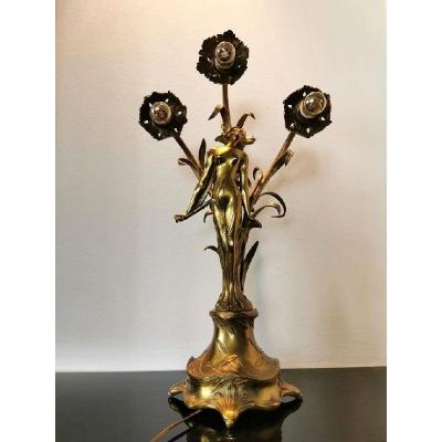 Lampe Art Nouveau En Bronze Doré
