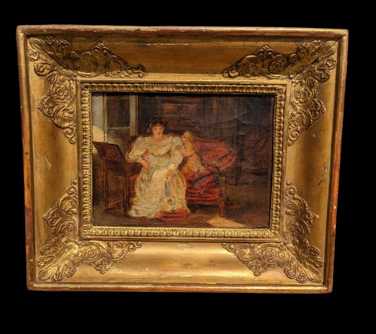 Painting Hst Interior Scene Woman And Child 19th Century