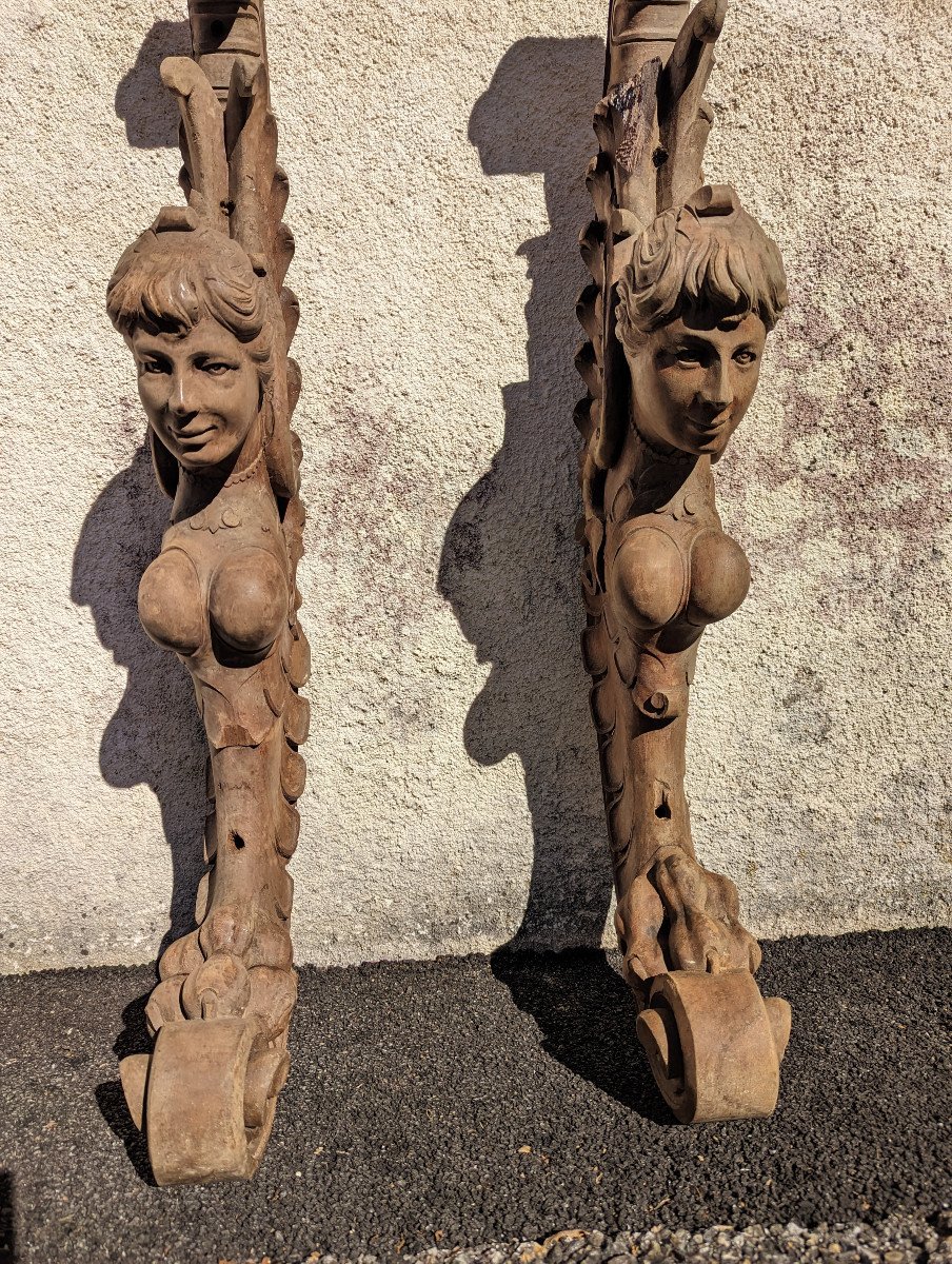 Paire De Bois Sculpté Femme Ailé Cariatide -photo-3