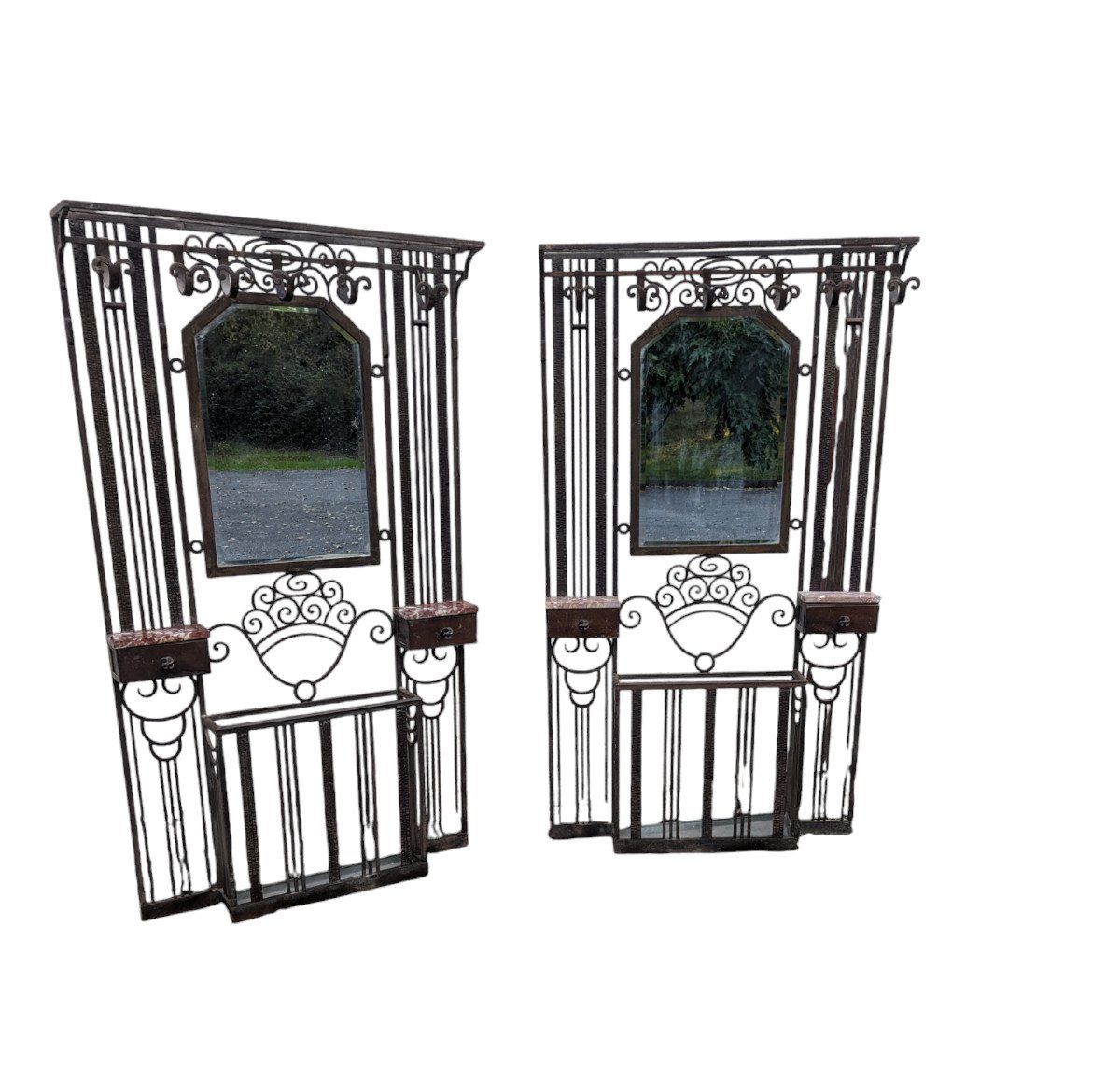 Pair Of Art Deco Hammered Wrought Iron Coat Racks 