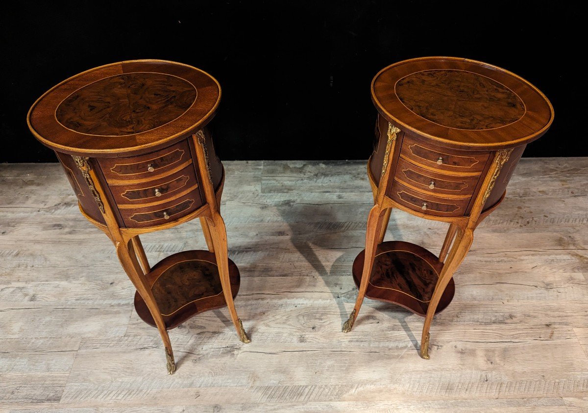 Pair Of Narrow Louis XV Style Bedside Tables In Tambour Shape-photo-2