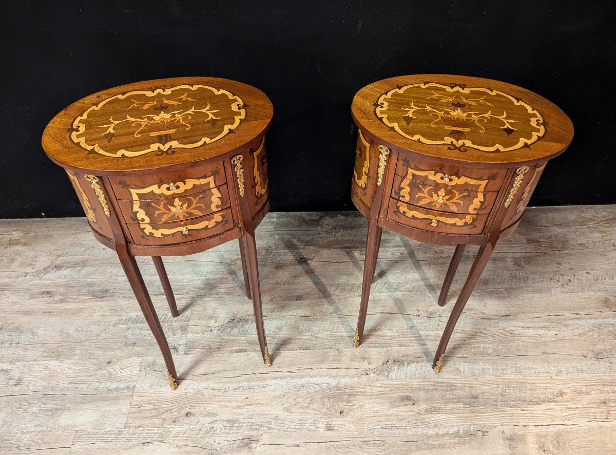 Pair Of Narrow Louis XV Style Bedside Tables In Marquetry-photo-2