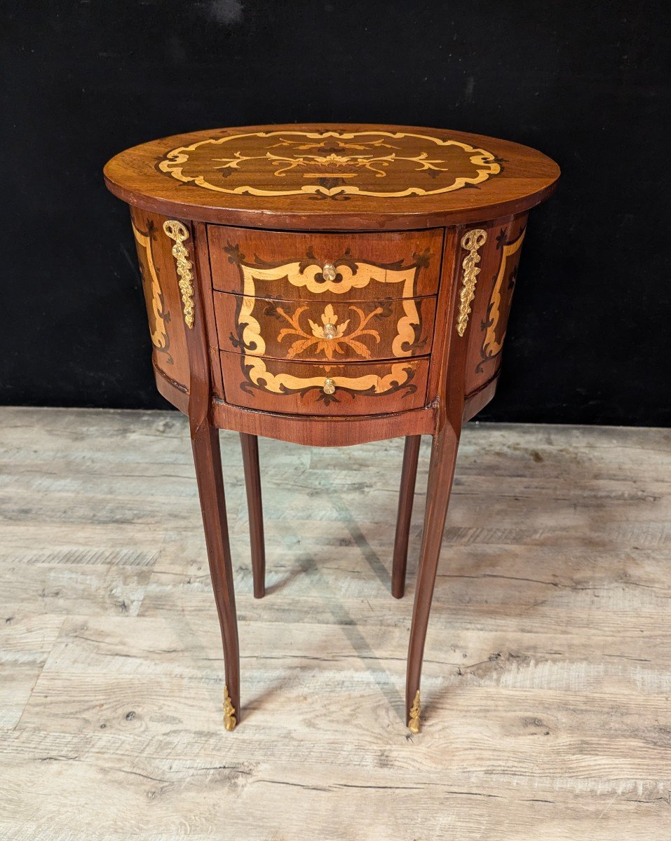 Pair Of Narrow Louis XV Style Bedside Tables In Marquetry-photo-3