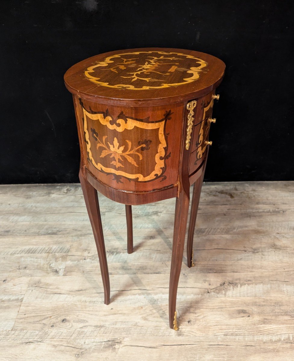 Pair Of Narrow Louis XV Style Bedside Tables In Marquetry-photo-1