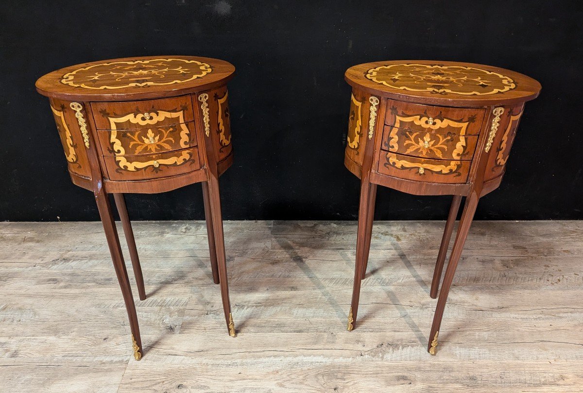 Pair Of Narrow Louis XV Style Bedside Tables In Marquetry