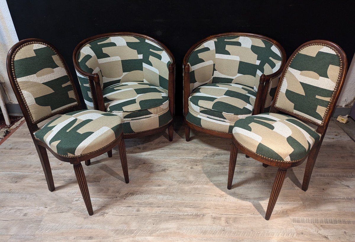 Art Deco Set Of Two Barrel Armchairs And Two Chairs