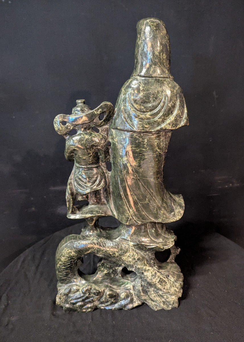 Large Green Veined Marble Guanyin Statue-photo-4