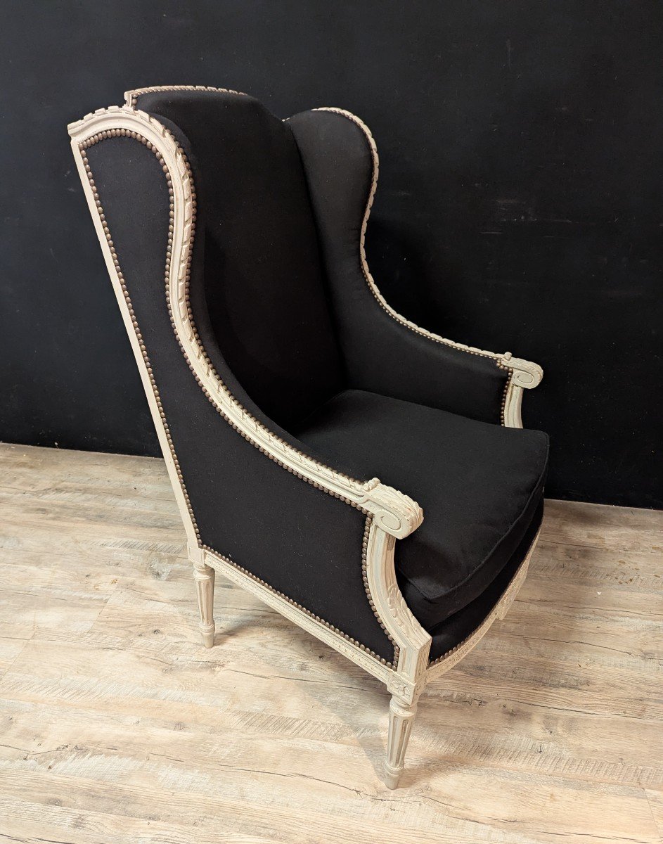 Paire De Fauteuils Louis XVI à Oreillettes En Bois Peint Gris Et Tissu Noir-photo-4