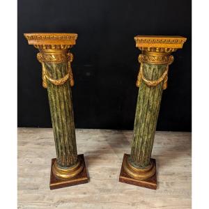 Paire De Colonnes Napoléon III En Bois Et Stuc