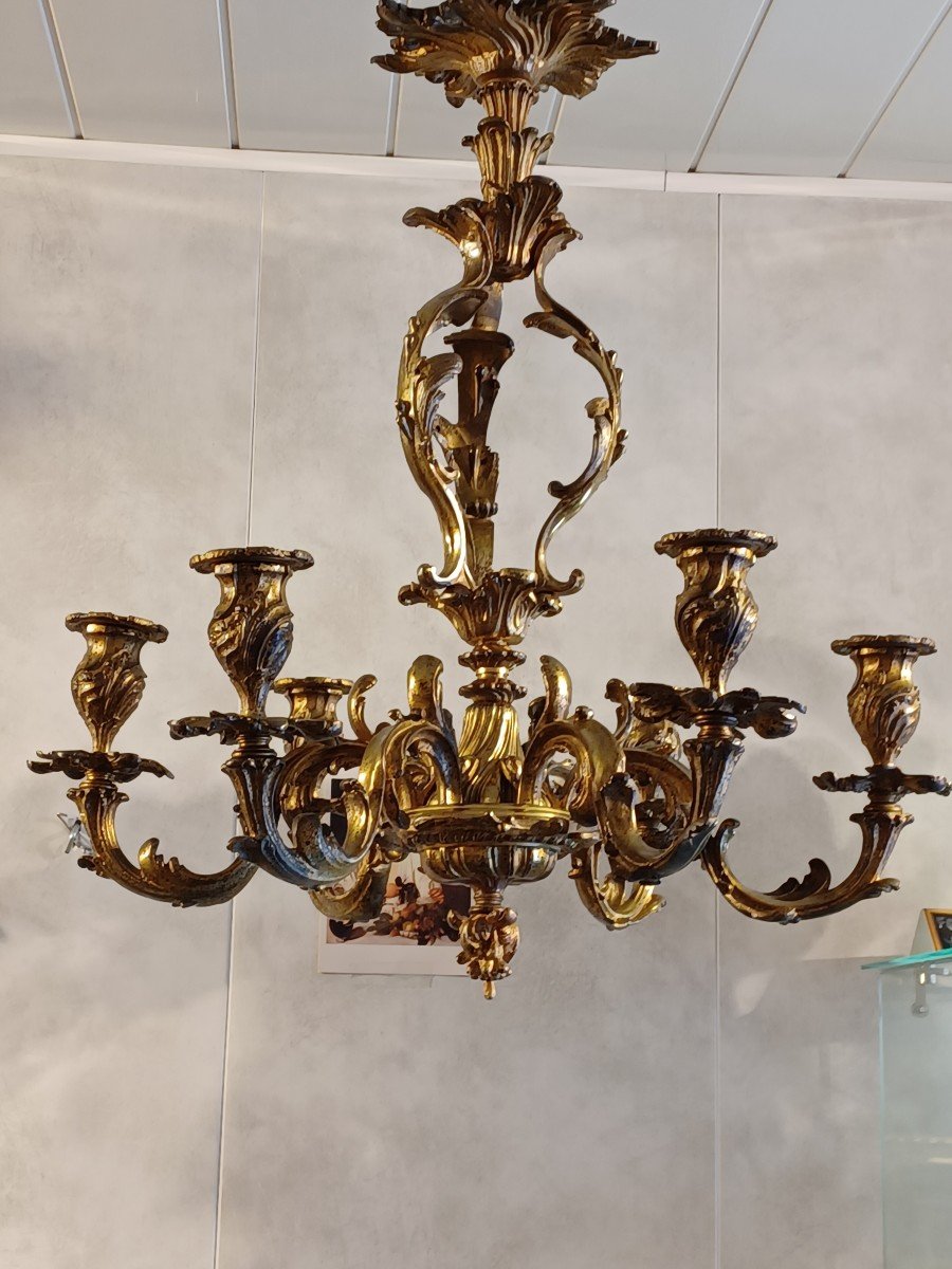 Rocaille Chandelier, Louis XV Style, Napoleon III, 19th Century, Bronze With 6 Lights-photo-4