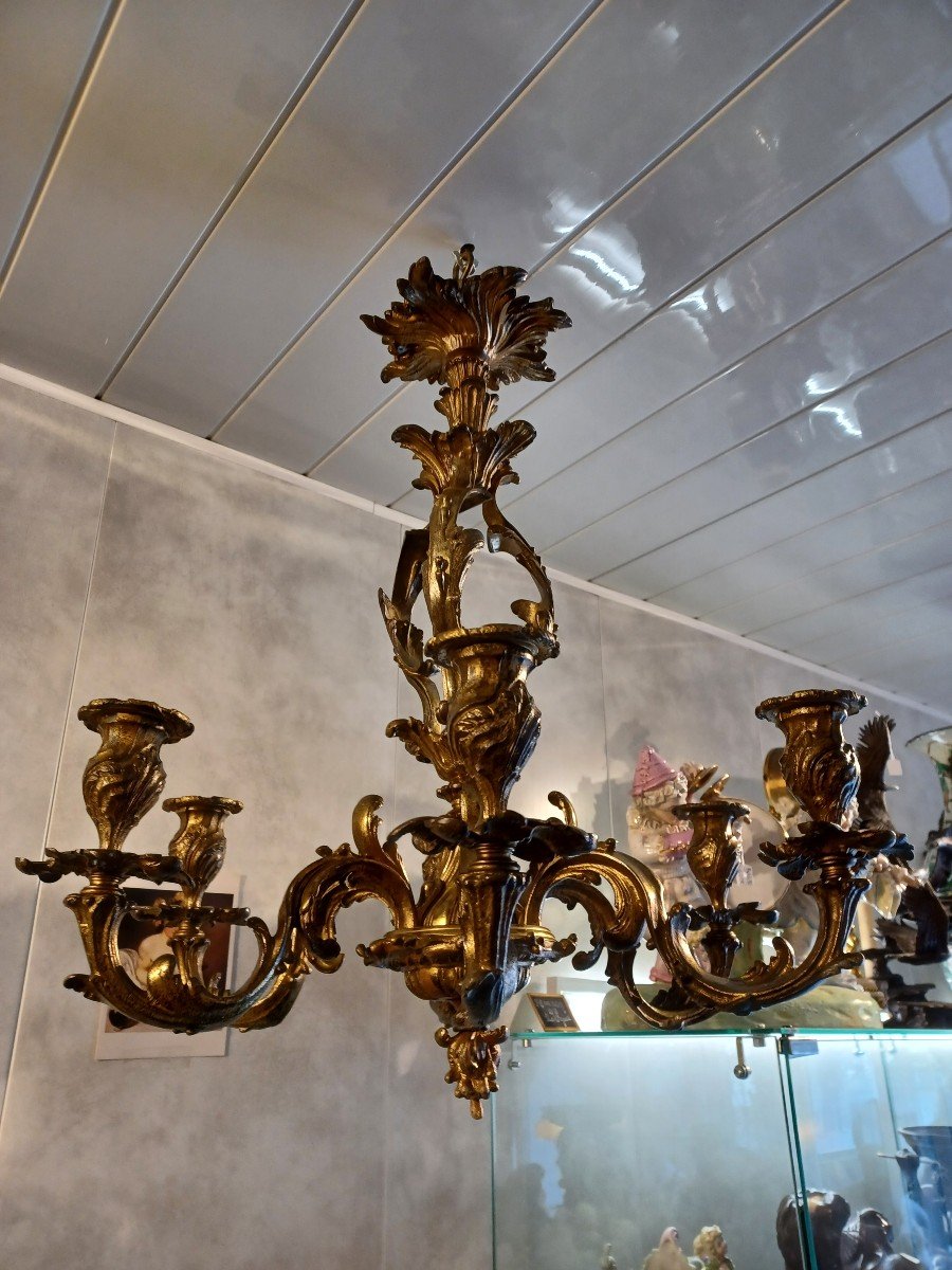 Rocaille Chandelier, Louis XV Style, Napoleon III, 19th Century, Bronze With 6 Lights