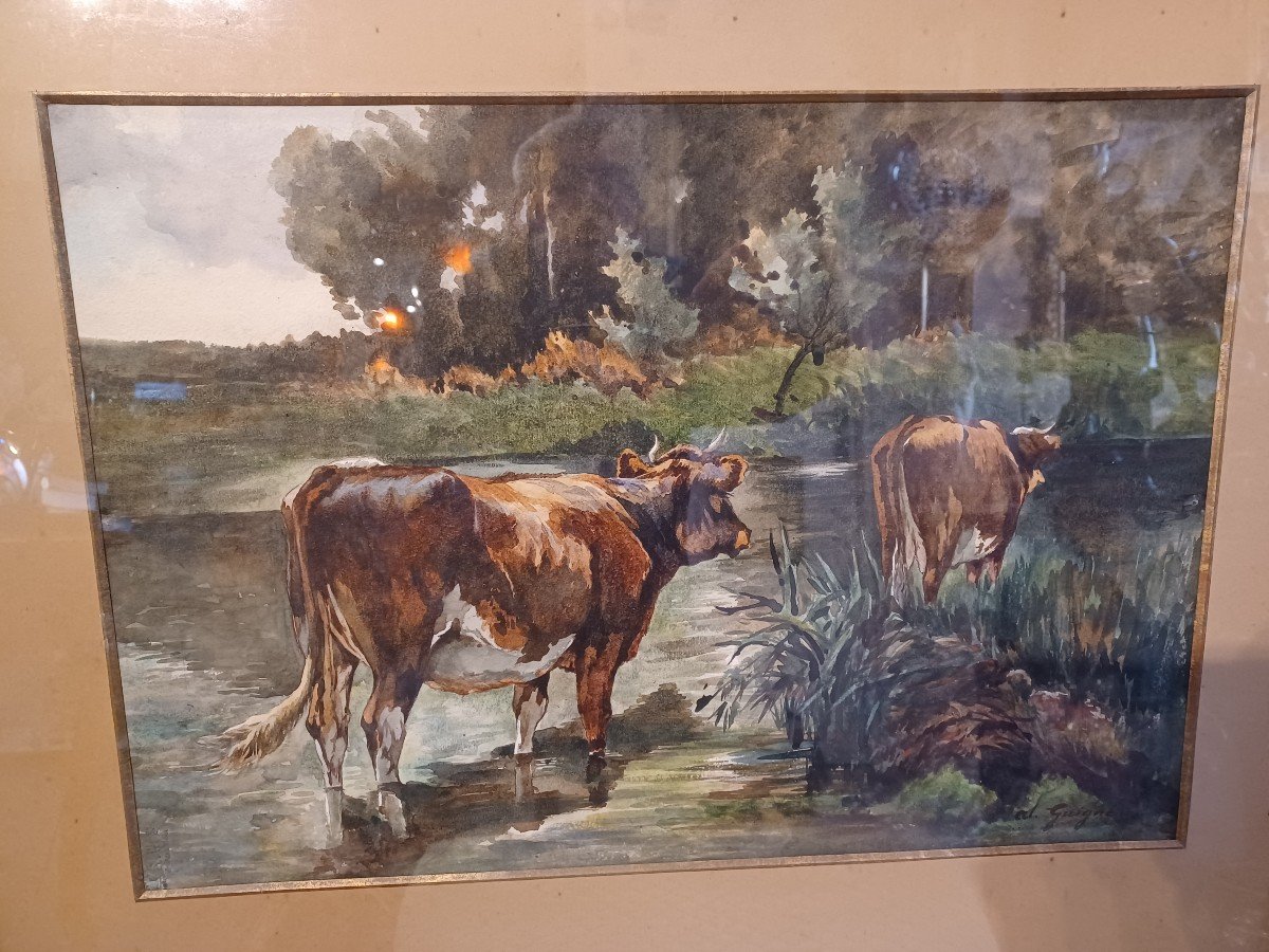 Guigné Eugène Alexis , Aquarelle " Vaches à l'Abreuvoir"-photo-3