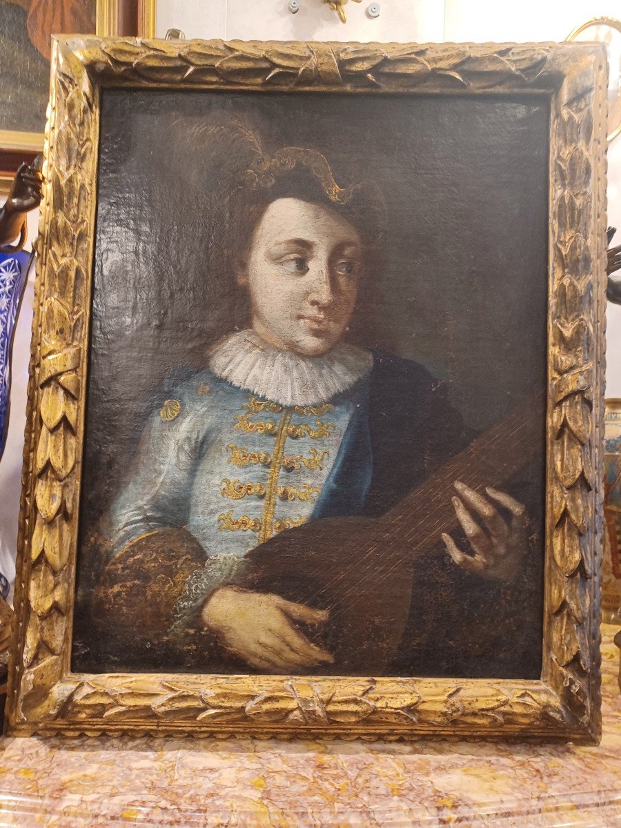 Huile Sur Toile , 18ème , Représentant "joueur à La Mandoline"-photo-2