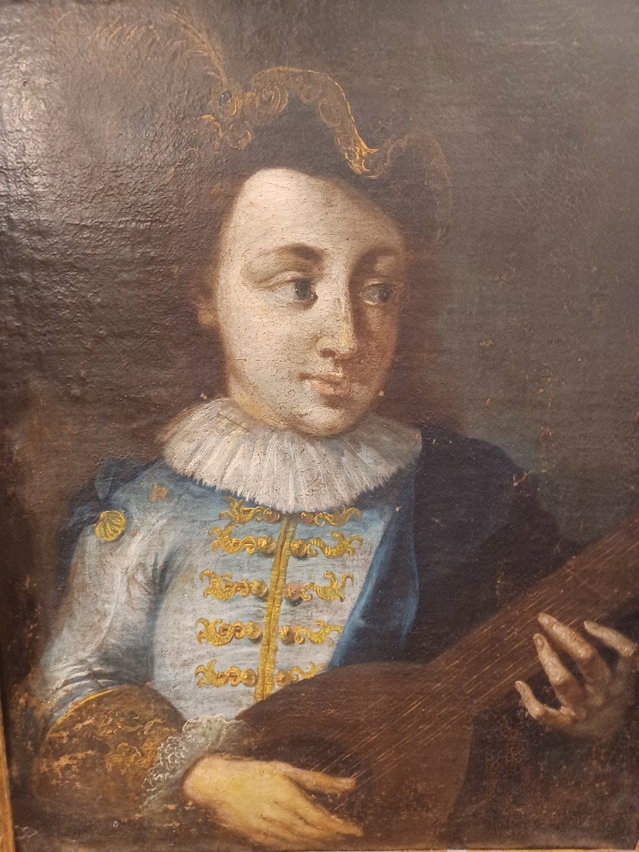 Oil On Canvas, 18th Century, Depicting "mandolin Player"-photo-4