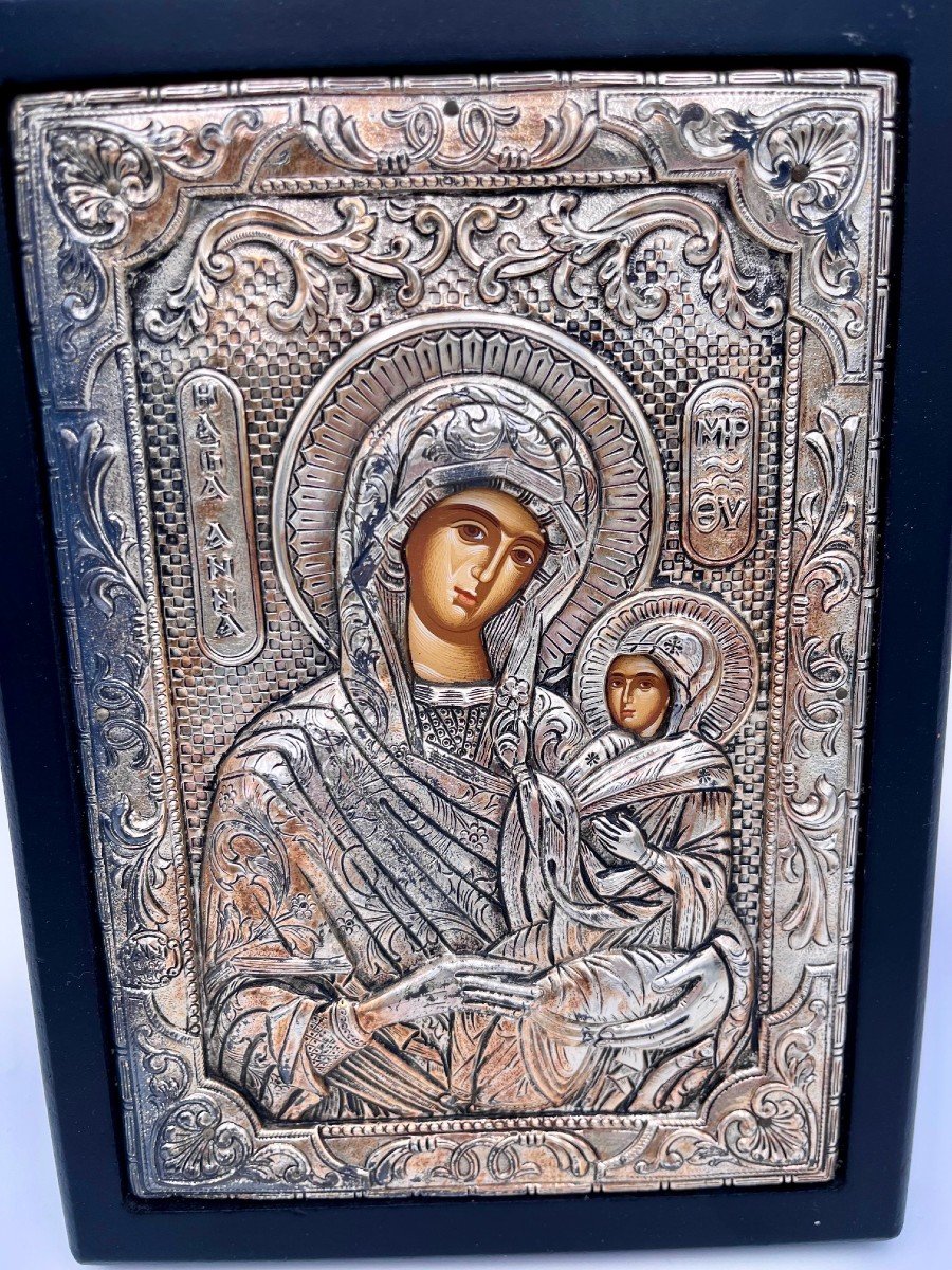 Icône Grecque Orthodoxe En Argent - Marie Et L’enfant Jésus-photo-2