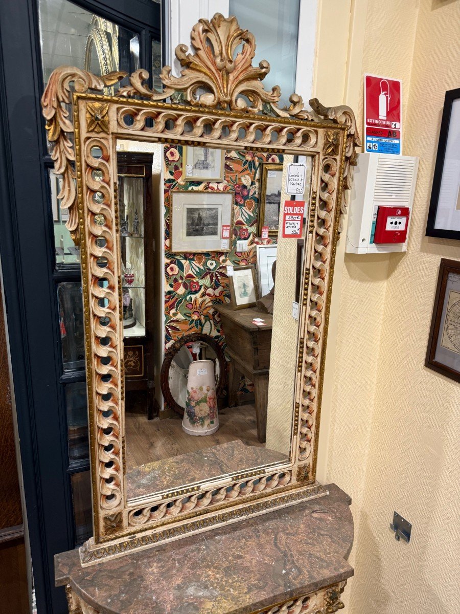 Antique Wooden Console With Marble And Matching Mirror-photo-2